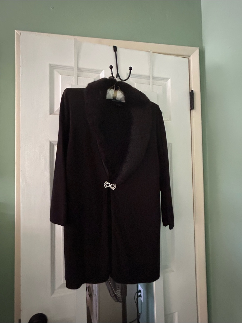 Requirements Black Faux-Fur Collar Long Cardigan with Decorative Clasp